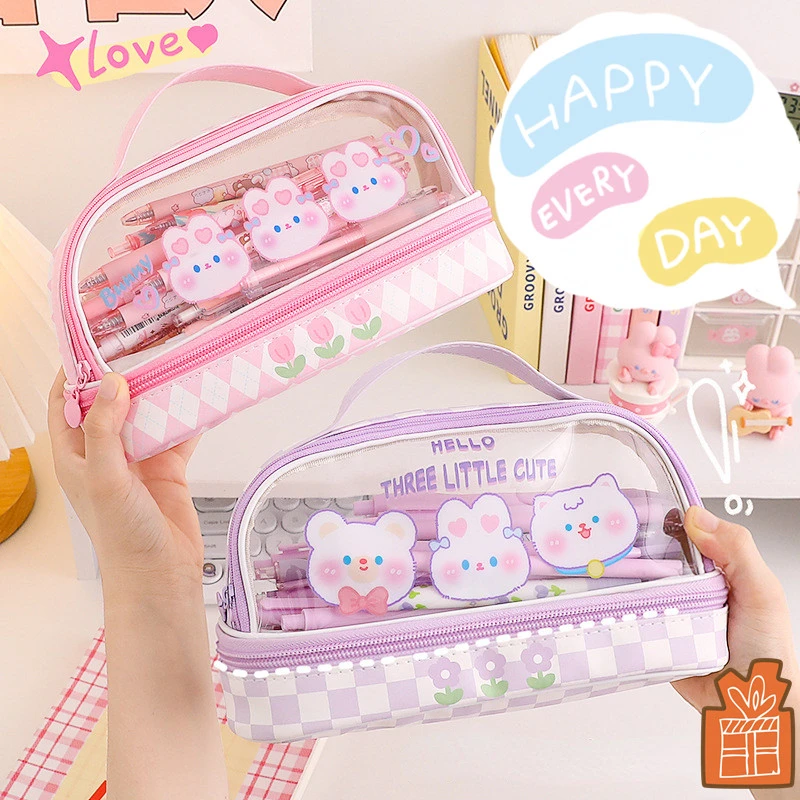 Cartoon Beer Rabbit Pattern Pencil Bag Kawaii Girls Pencil Case Double-layer Protable Stationery Makeup Bag Zipper Waterproof