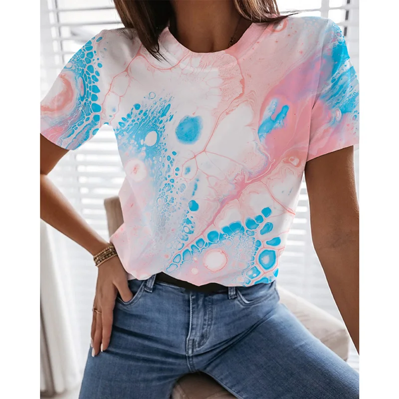 

2022 Summer Round Neck New Fashion Ladies 3D Printing Color Art Painting T-Shirt Hot Sale