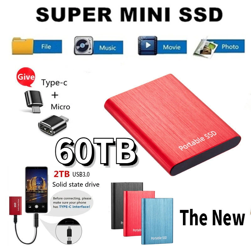 

60TB Portable SSD Hard Drive 16TB 2TB 1TB 500GB External Hard Drive Disk Storage Devices USB3.0 hd externo for Computer Laptops