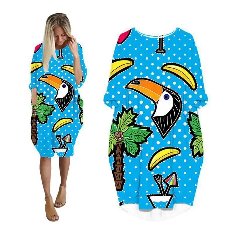 

dresses women korean fashion woman clothing long sleeve plus size ladies clothes pocket batwing midi female dress graffiti TW