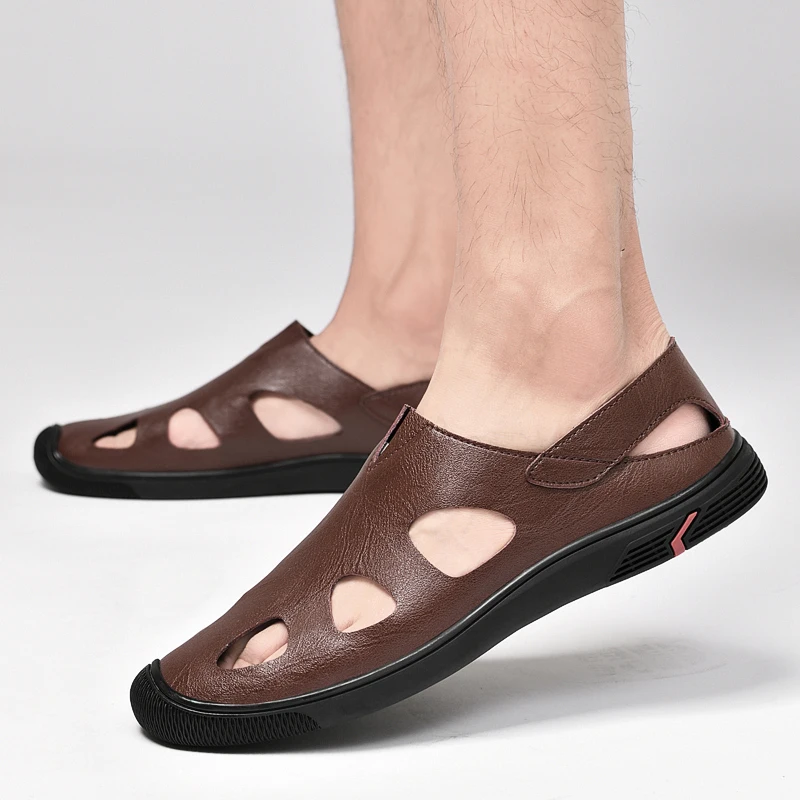 

Мужские сандалии на толстой подошве, коричневые деловые сандалии из натуральной кожи, дышащая Уличная обувь на мягкой подошве, лето 2023