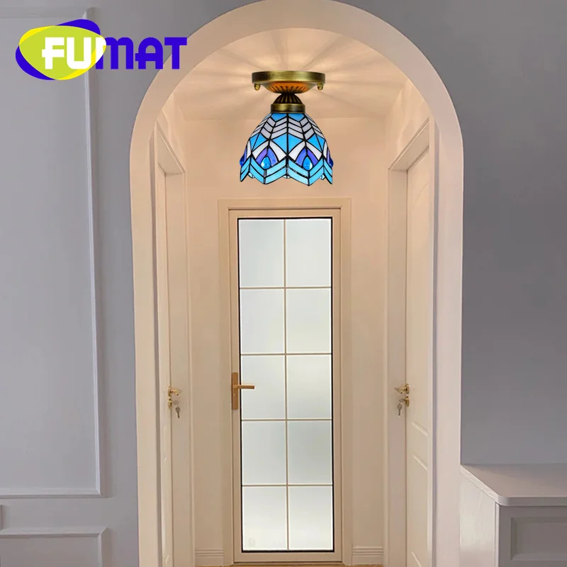 

FUMAT Tiffany 6-дюймовый потолочный фонарь, лампа-ночник, украшение для спальни, коридора, балкона, в средиземноморском стиле, голубая подвеска