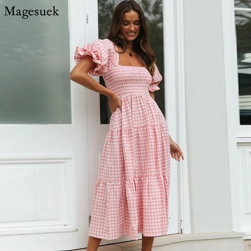 

Женское летнее платье в шотландскую клетку, с длинным рукавом