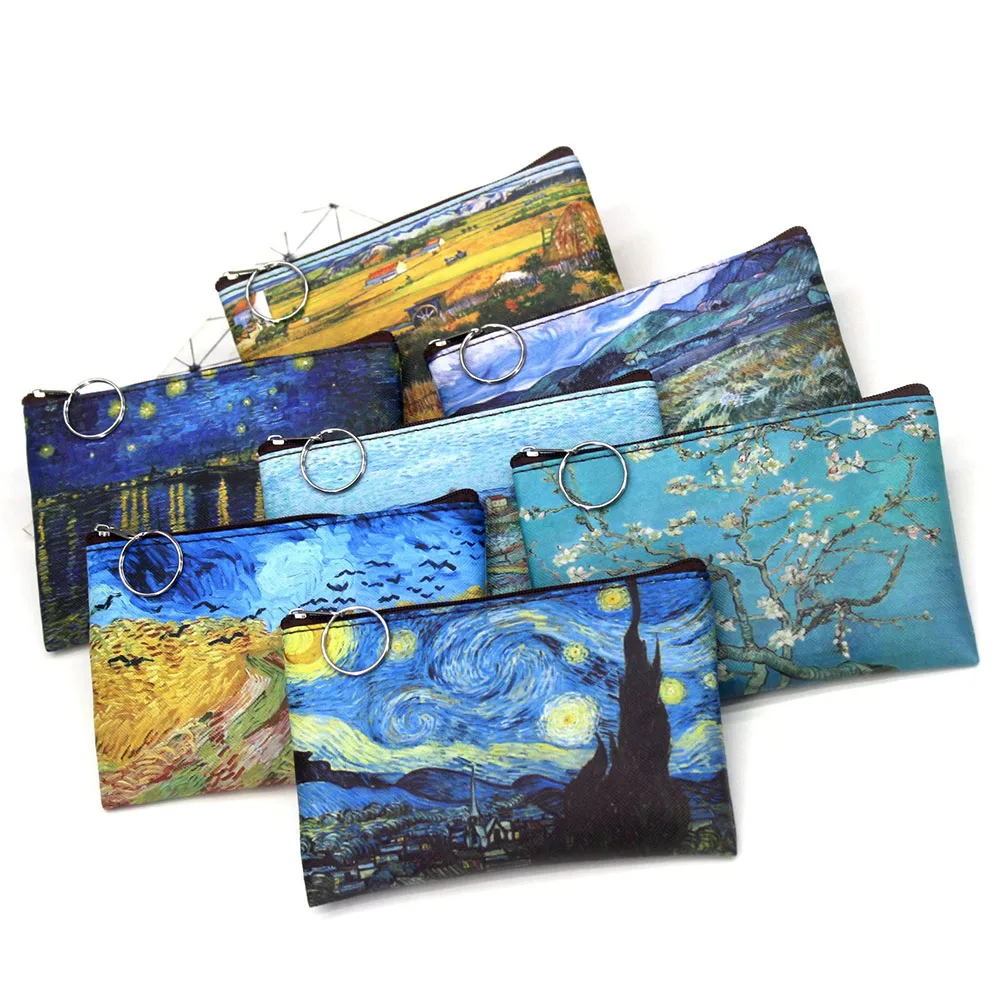 Canvas Painting Printing Fold Wallet Small Card Organizer Key Pouch Money Bag Coin Purse Zipper Coin Bags For Men Women