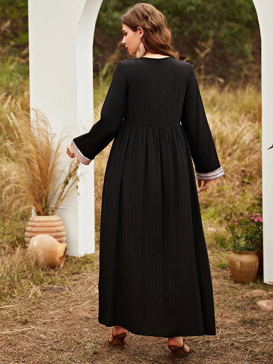 Ethnic Vintage Print Sequins Tassel Women Long Dress Long Sleeve Spring Islamic Aabaya Muslim Dress Middle East Turkey Ramadan