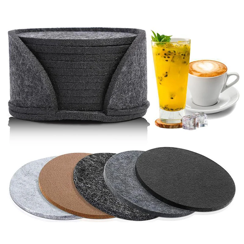 

10PCS/Set Round Felt Drink Coasters with Holder Creative Mugs Cup Mats Heat Insulation Pads Dining Table Decor Kitchen Tableware