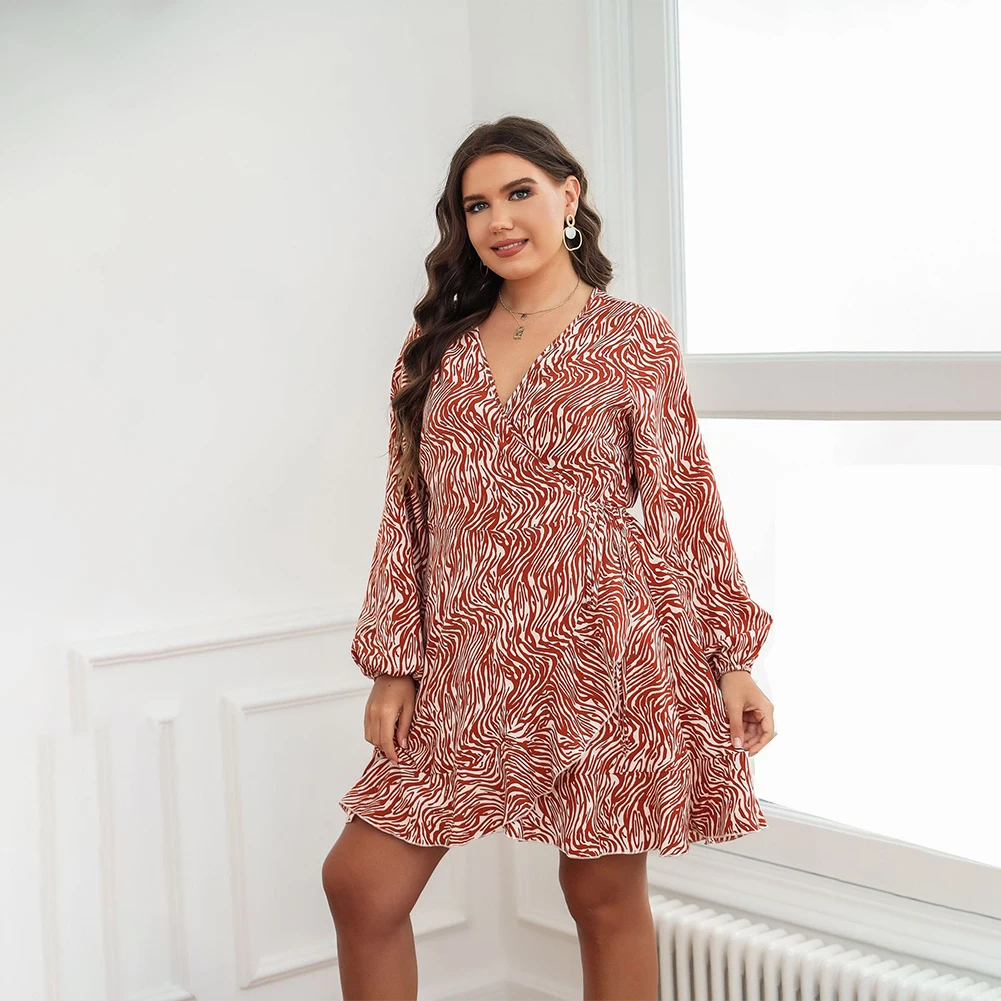 

Plus Size Women V Neck Dress Street Elegant Long Sleeve Casual Geometry Artistic Abstraction Dresses XL-4XL