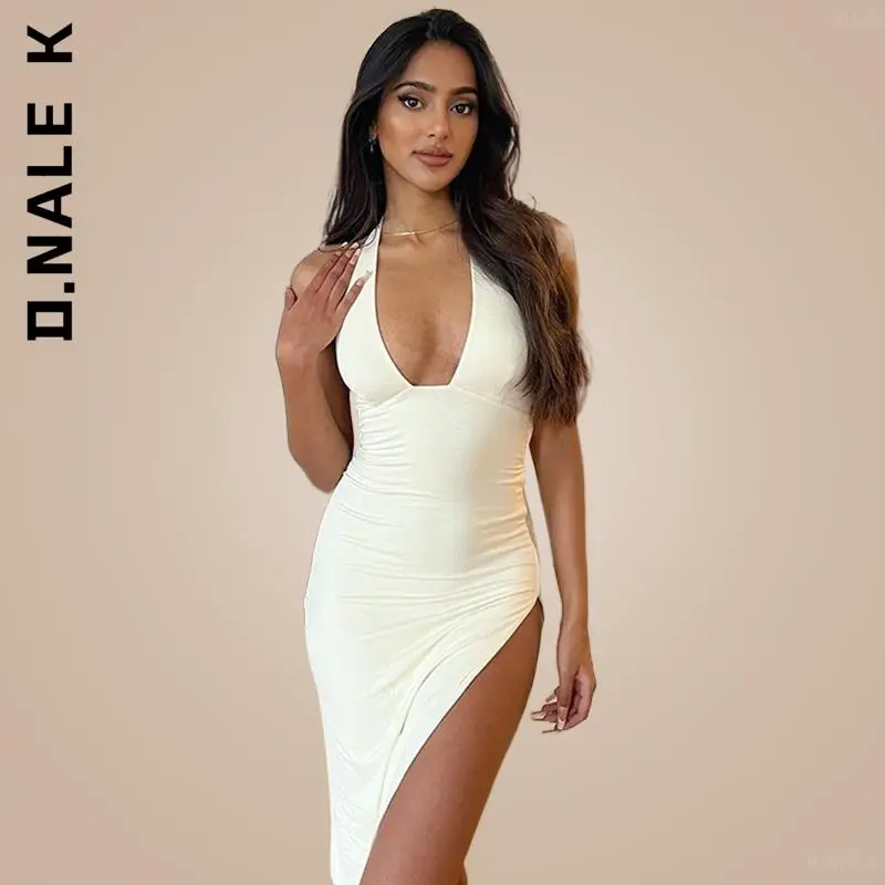 D.Nale K Sleeveless Halter Long Dresses Backless Bodycon Slit Prom Maxi Dress Women Elegant Party Nightclub Evening Vacation images - 6