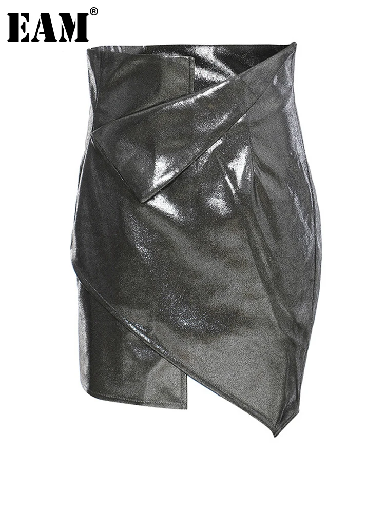 

[EAM] High Waist Irregular Spit Joint Shining Temperament Half-body Skirt Women Fashion Tide New Spring Autumn 2023 1DB623