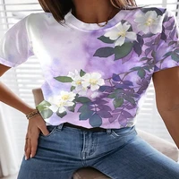2022 summer new 3d printing floral pattern polyester fabric breathable comfortable short sleeve round neck ladies tops