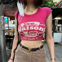 sunny y j cartoon print pink t shirt harajuku around neck short sleeve bodycon crop tops 2022 womens summer fashion basic tees