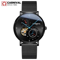 carnival luxury personality blue pointer waterproof mens automatic mechanical watch fashion three eyes tourbillon watch for men