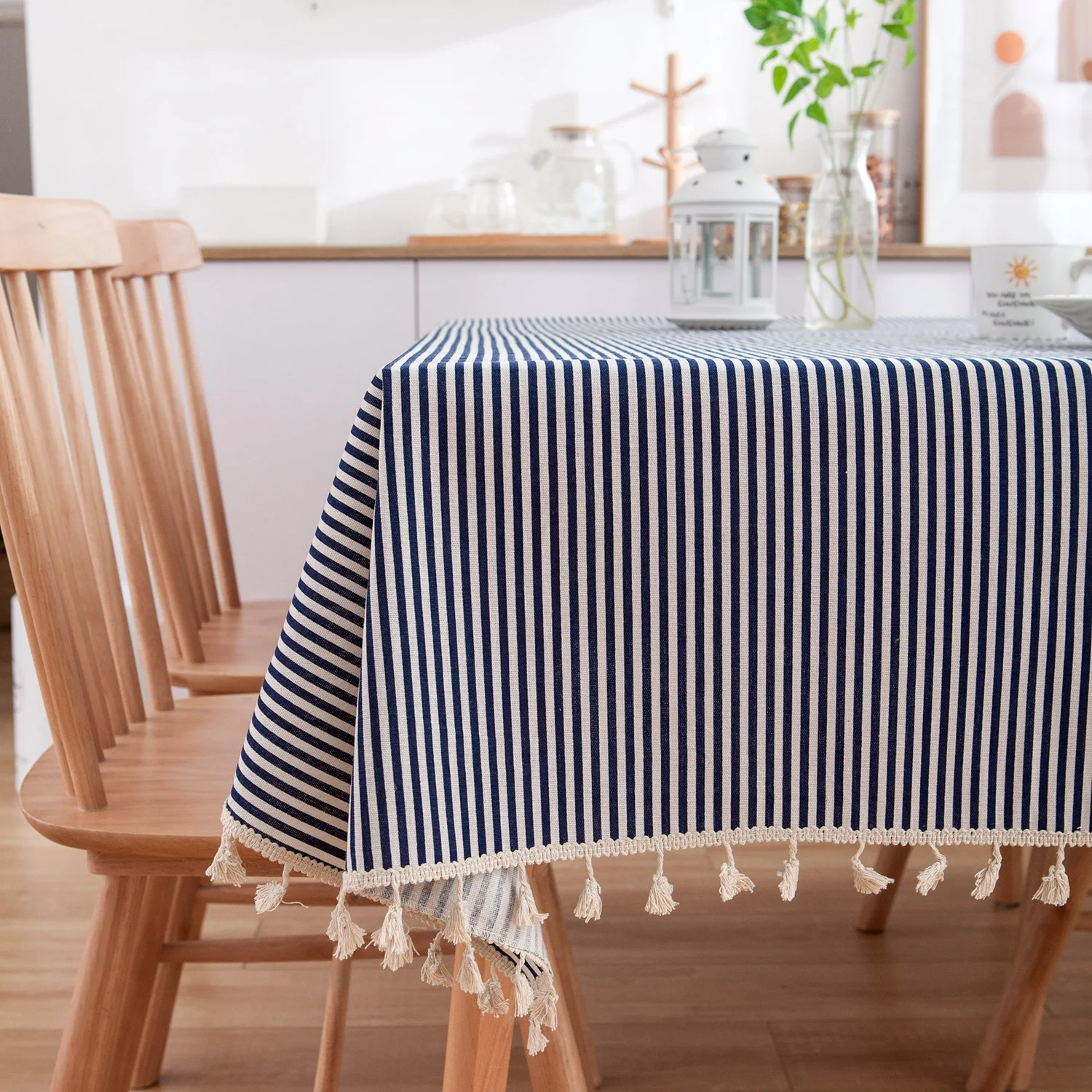 

Beige Tablecloth with Blue Daisy Dining Table Cover with Tassel Cotton and Linen