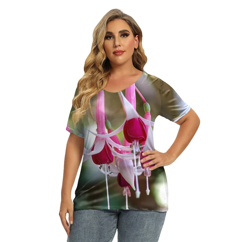 

Zomer creatieve bloemen T-shirts met 3D-print voor dames, T-shirts met ronde hals en bloemenprints, casual damestops