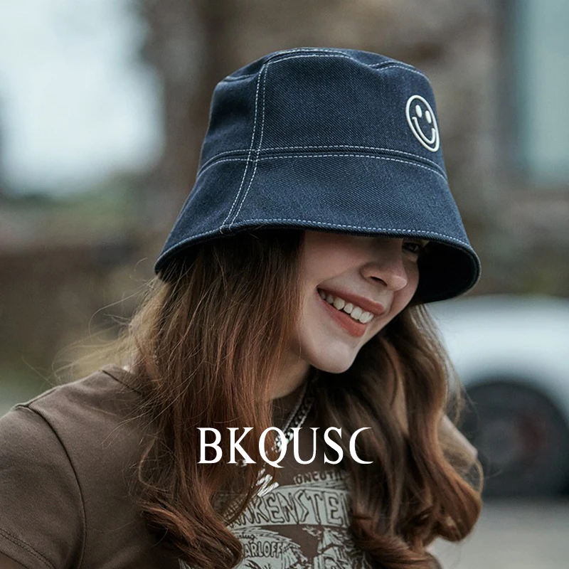 

Stylish Smiley Face Bucket Hat for Women Men Summer Outdoor Sunshade Denim Fisherman Hat Big Head Size 56-59cm Panama Beach Caps