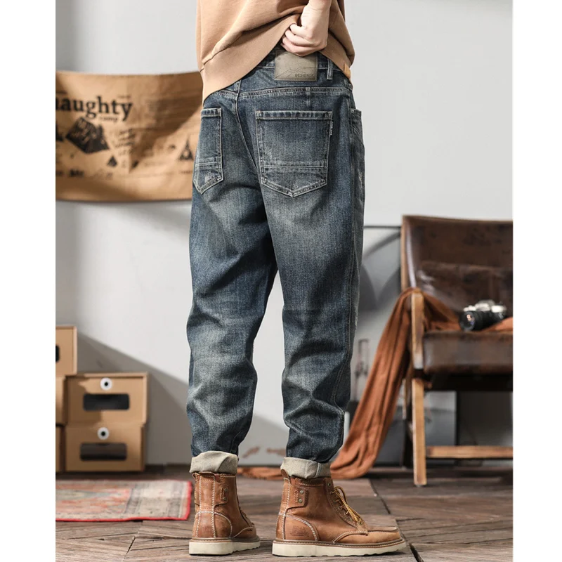 Streetwear Men Vintage Loose Blue Jeans 2022 Autumn and Winter New Pattern Fashion Straight Cylinder Trousers Female Cargo Pants