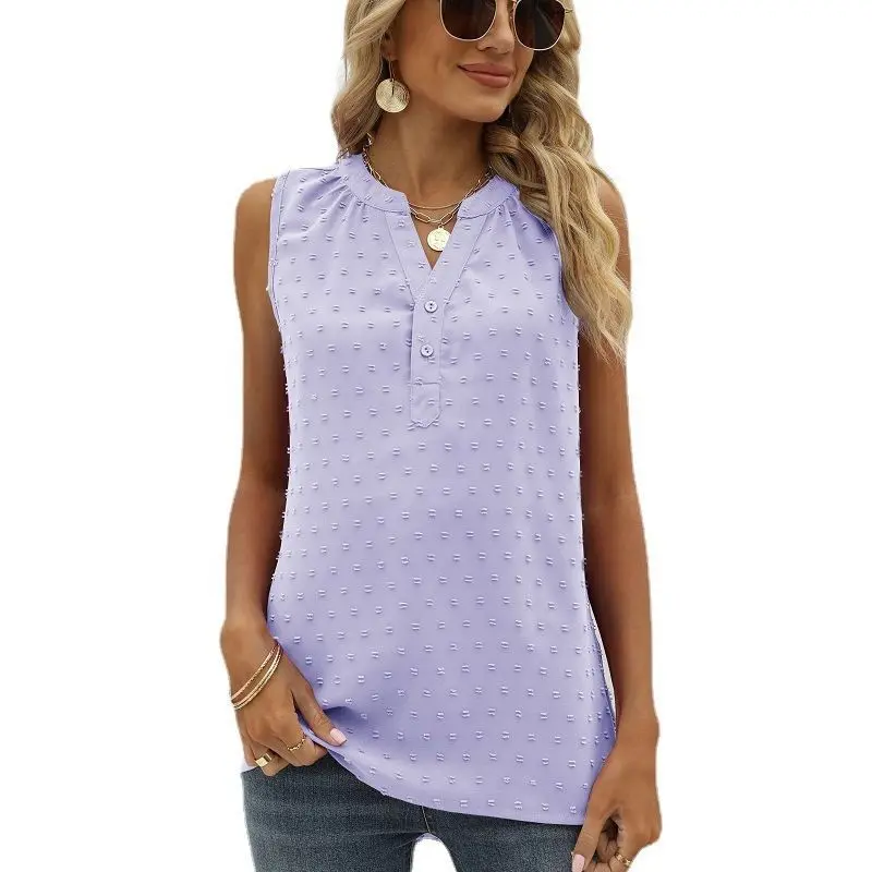 

Border European And American Women' Clothing Amazon Summer New Solid Color Chiffon Shirt Loose V-neck Jacquard Sleeveless Casual