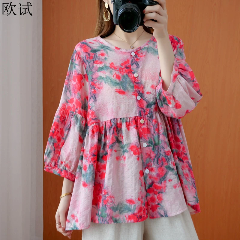 

Oversized Summer Cotton Linen Floral T-shirt Women Tees Tops Loose Casual Ladies T Shirt Femme Tshirt Camiseta Mujer 2022