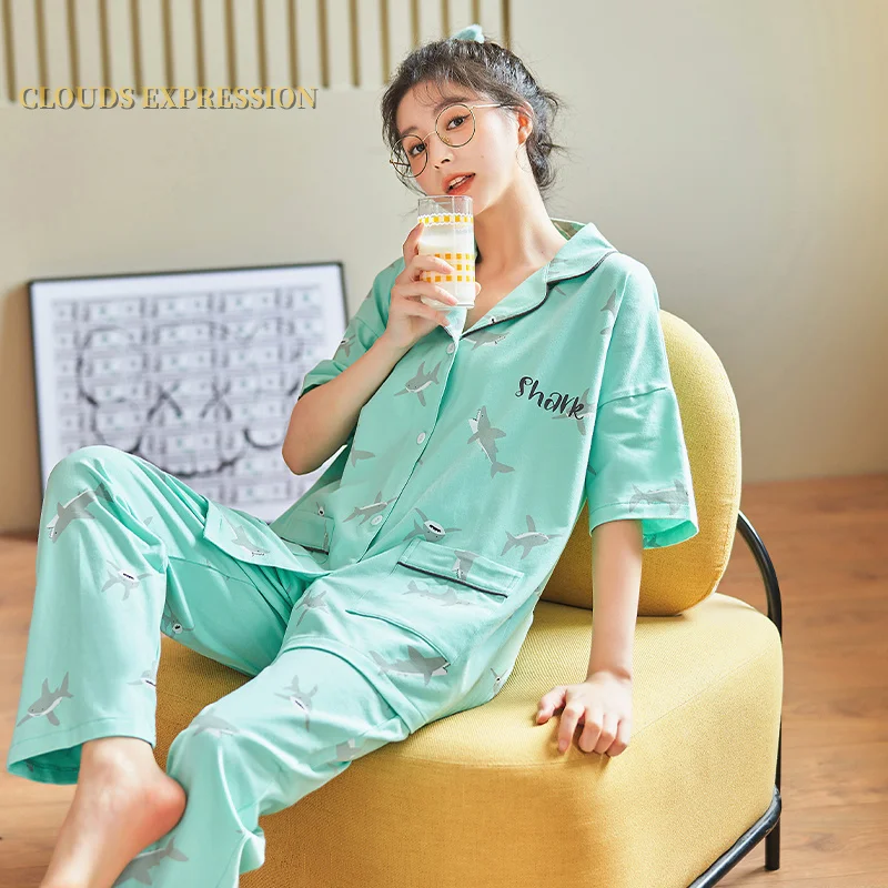 Весенне-Летняя короткая Пижама с мультяшным принтом Женский пижамный комплект