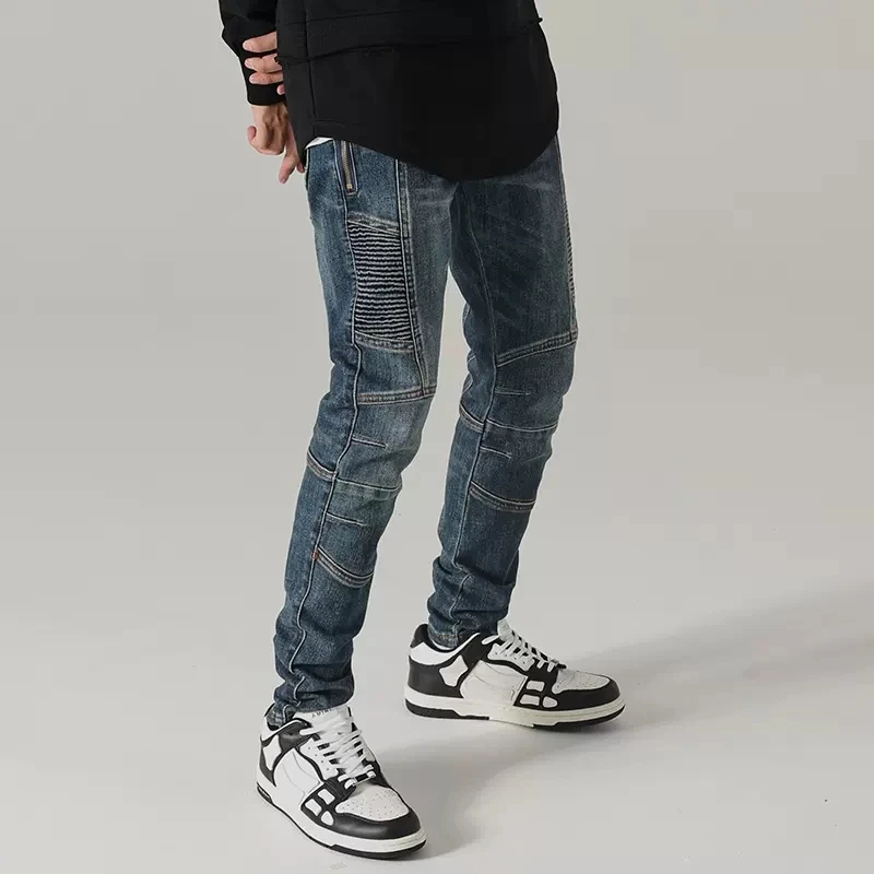 Street Fashion Men Jeans Retro Blue Elastic Slim Fit Spliced Biker Jeans Men Zipper Wrinkle Patch Designer Hip Hop Pants Hombre