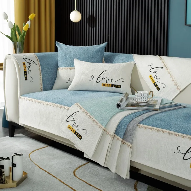 

Four Seasons Universal Chenille Sofa Cover Sofa Pad Embroidery Letters Sofa Mat for Living Room Non-Slip L Shaped Couch Cushion