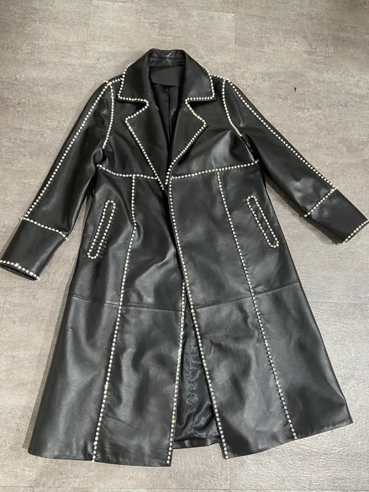 Тренчкот женский длинный из овечьей кожи дизайнерская уличная одежда с поясом