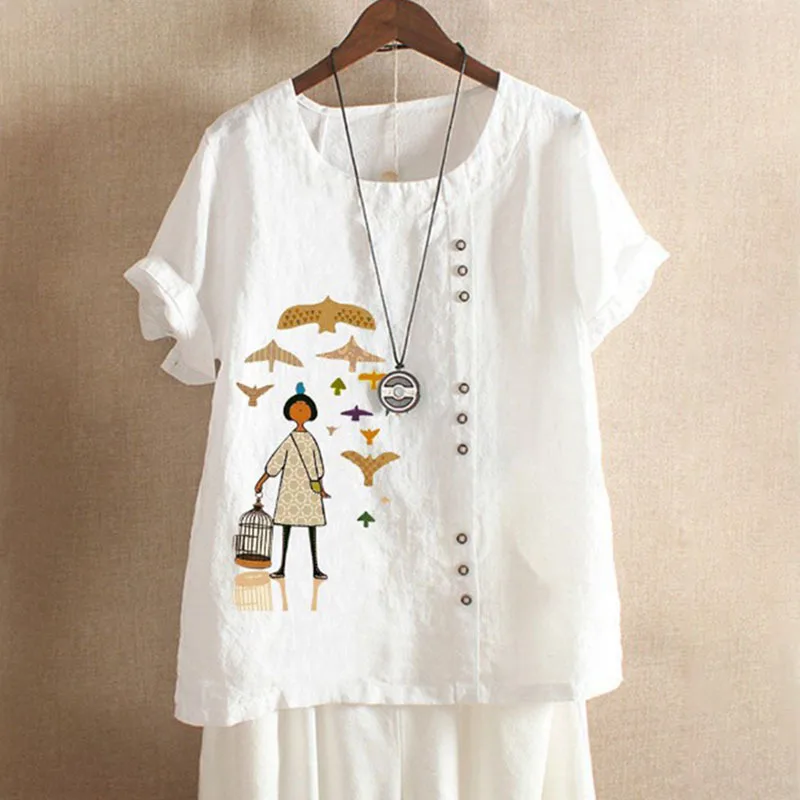 Повседневная рубашка из хлопка и льна с принтом для женщин свободная блузка
