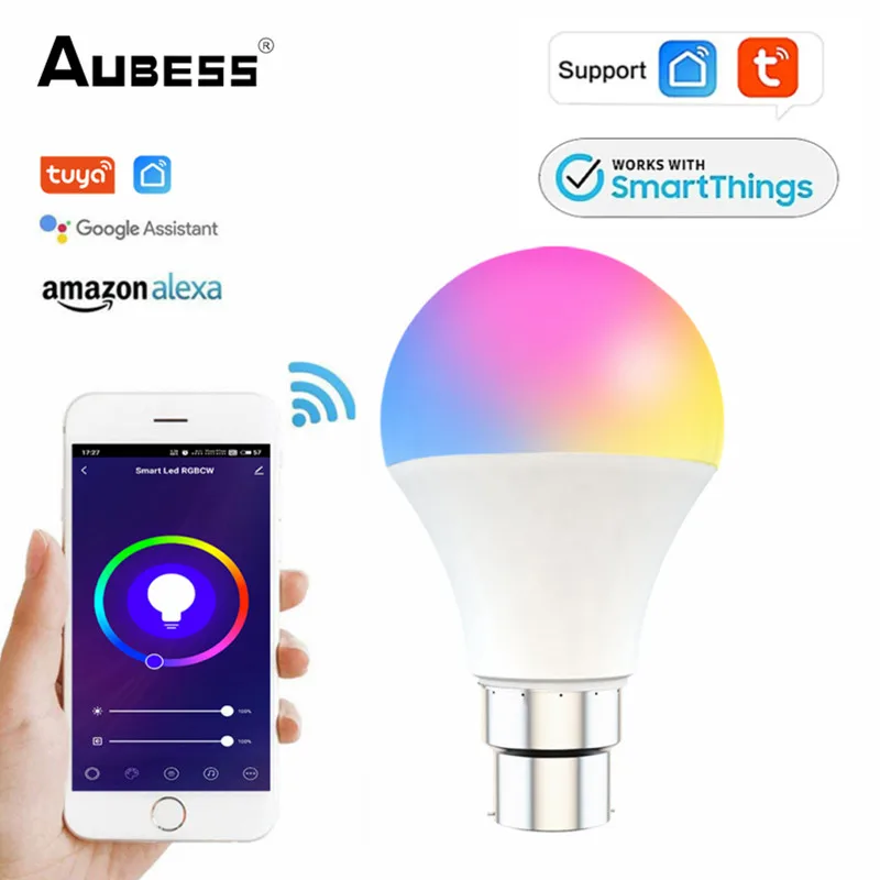 

Aubess 9W RGB WiFi Tuya Smart LED Light Bulb E27 B22 Ampoule LED Intelligent Dimmable Night Lamp Support Alexa/Alice Google Home