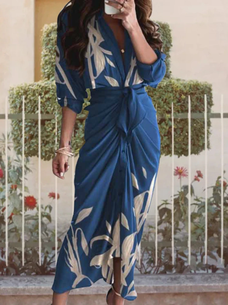 

Женское платье с длинным рукавом, длинное платье оверсайз с V-образным вырезом и шнуровкой, платье в уличном стиле, весна-лето 2023