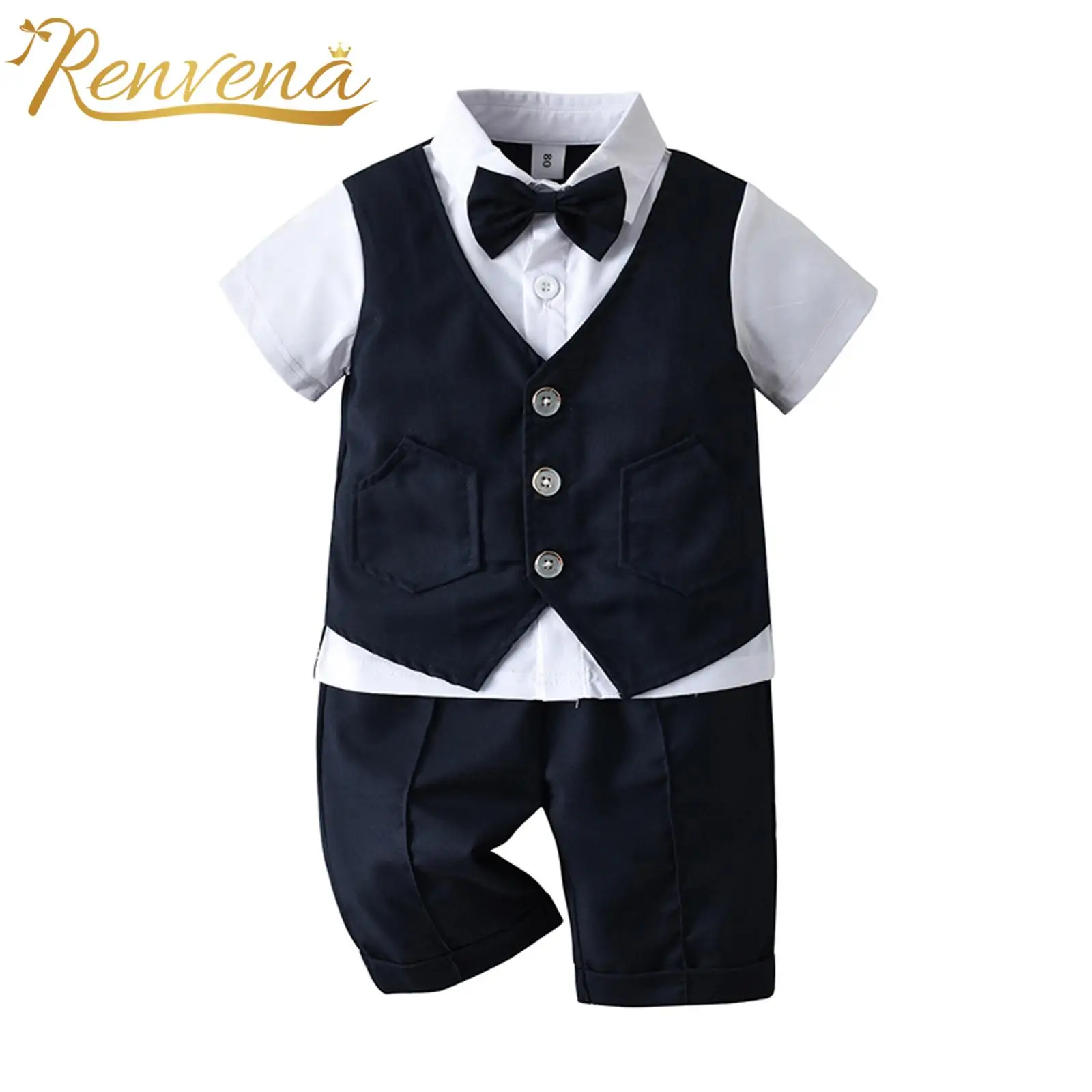 

2Pcs Kids Boys Gentleman Suit Fake Two-Pieces Dress Outfit for Formal Occasions Baby Christening Baptism Wear Toddlers Clothes