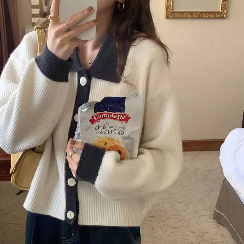 

Women Fashion Autumn Single Breasted Short Cardigan Sweater Vintage Thicken Long Sleeves Polo Collar Female Tops Outfits X178