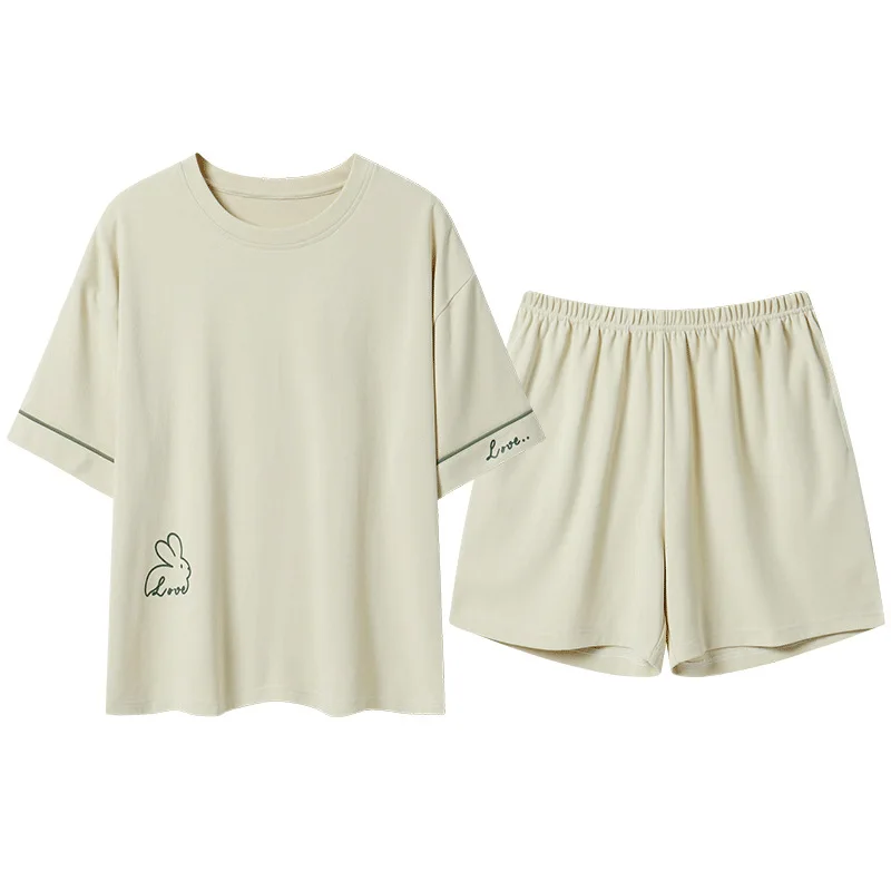 Pajamas Women's Summer Short-sleeved Shorts Round Neck Thin Section Simple Solid Color Can Wear Thin Home Service Suits Outside
