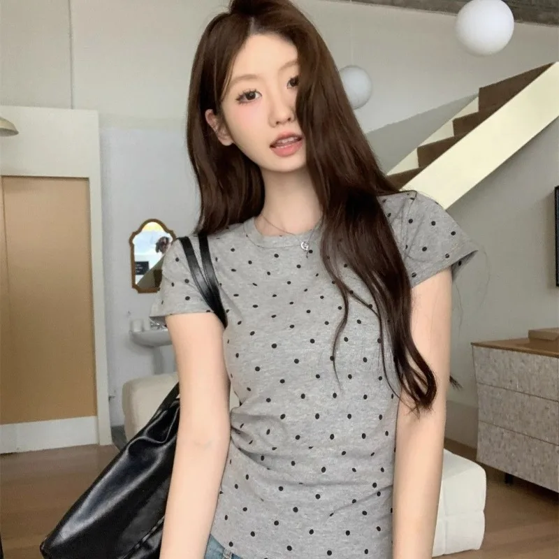 Женская летняя повседневная модная женская одежда в горошек с круглым вырезом и
