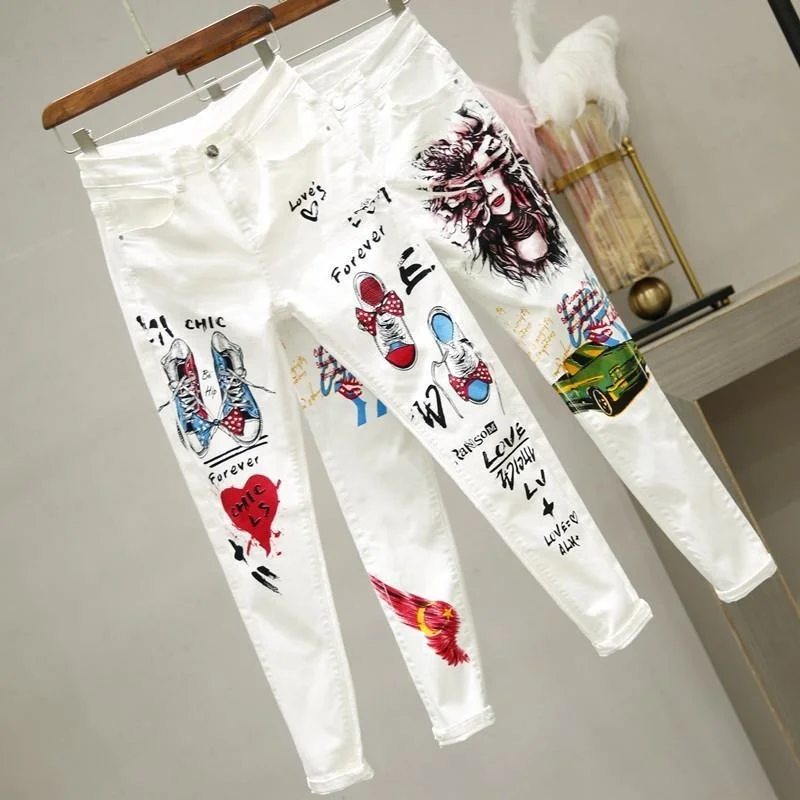 

plus Size Women White Denim Jeans Cartoon Graffiti Flowers Print Stretched Hallen Jeans Pencil Pants Skinny Jeans LU1271