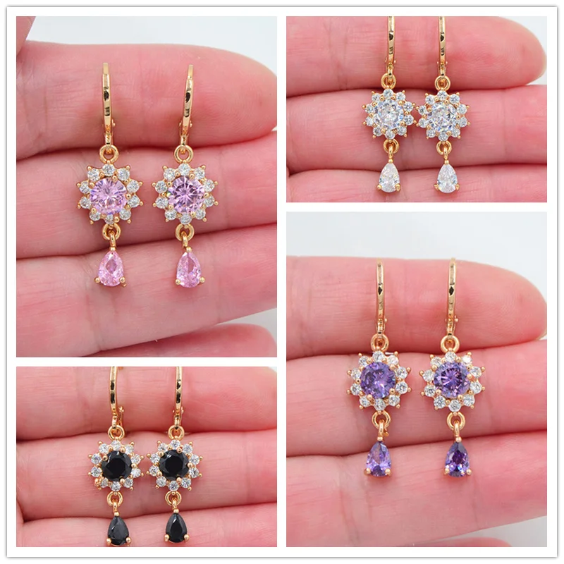 

European and American simple and exquisite inlaid zircon pink multicolor sunflower women's Water Drop Pendant Earrings