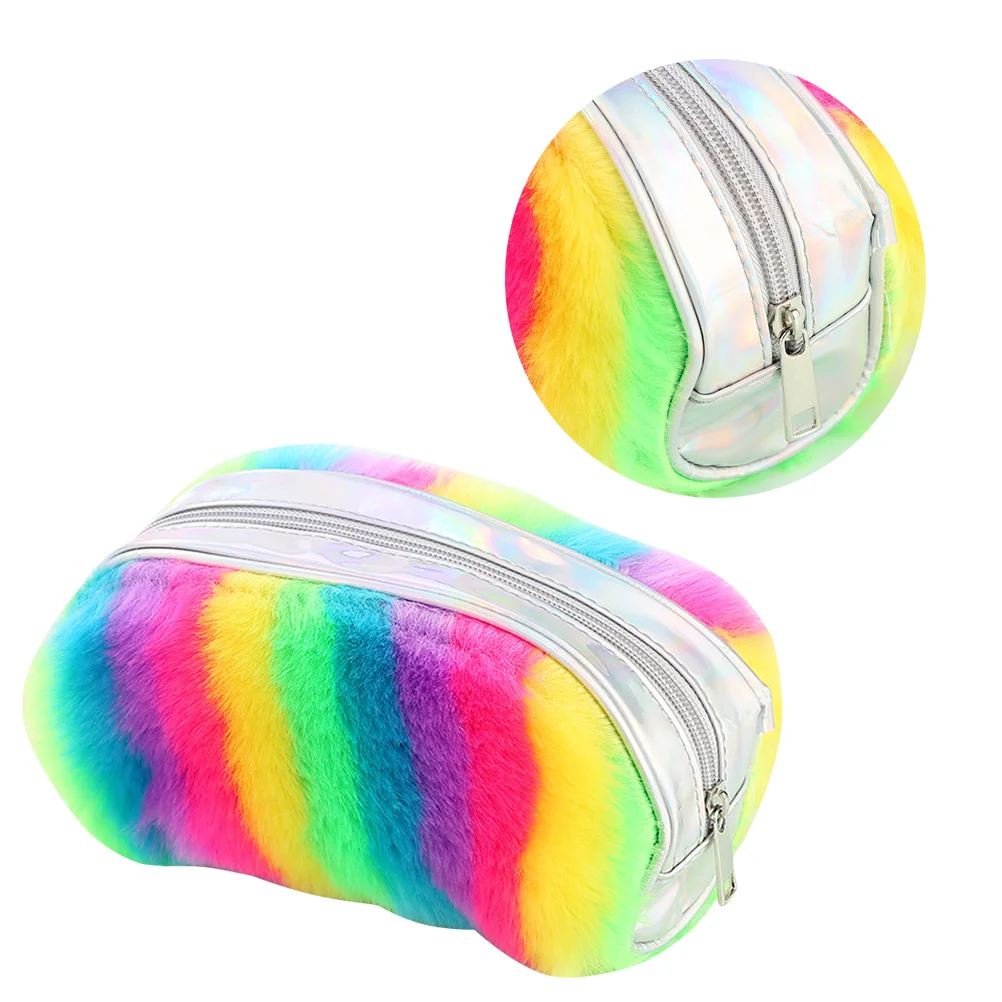 

Stationery Pouch Plush Zipper Pen Case Fluffy Box Storage Containers Student Rainbow School Organizer Multifunction Kids Travel