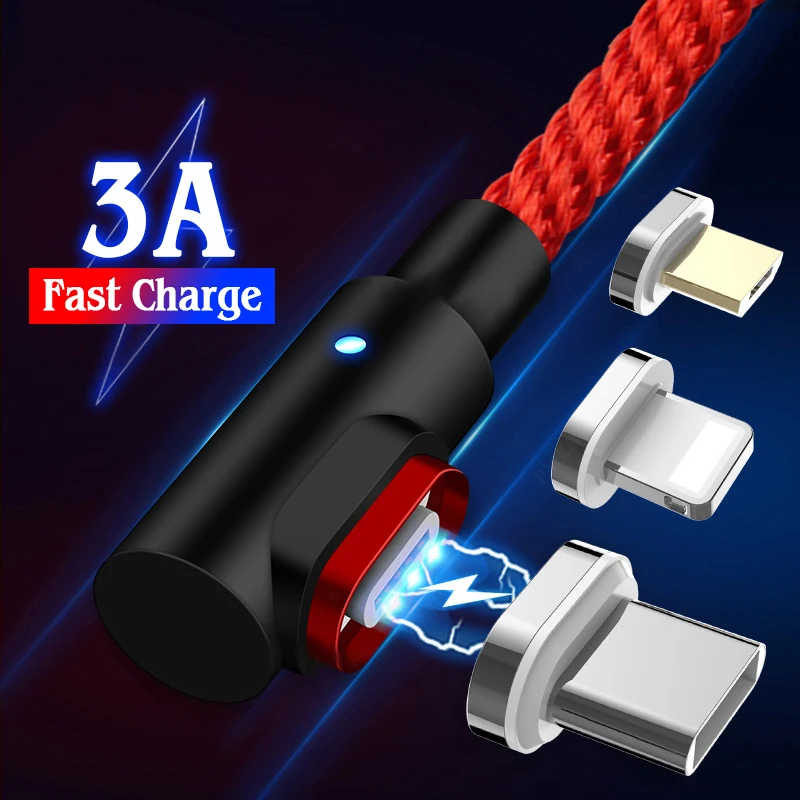 

LED Magnetic Micro USB Type C Cable 90 Degree Elbow Charging Cord For iPhone 12 Pro Max Xiaomi Samsung Mobile Phone Charger Wire