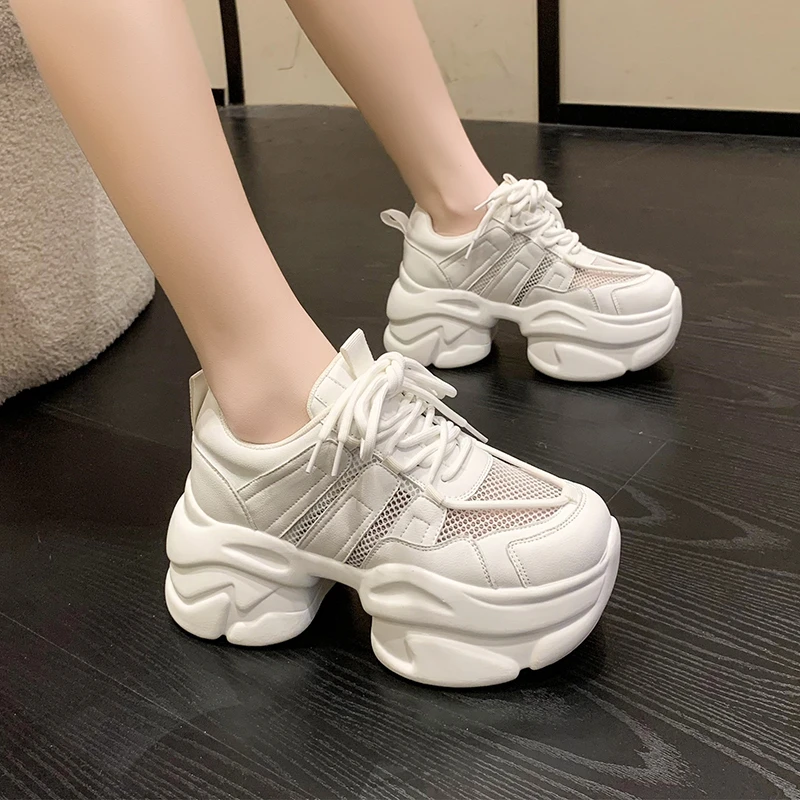 Women Chunky Leather Sneakers Platform Ulzzang Sports Shoes Summer Thick Bottom Women's Breathable Mesh Wedges Casual Shoes 7CM