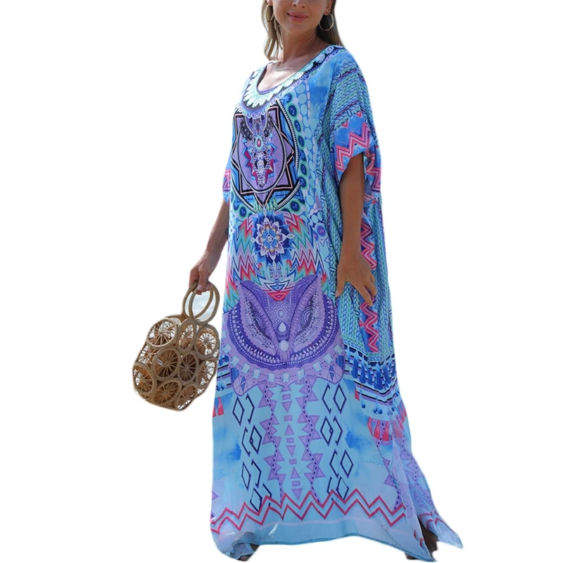 

J78E элегантный пляжный купальный костюм Caftan большого размера с защитой от солнца, женское свободное платье с принтом для летнего аквапарка, ...