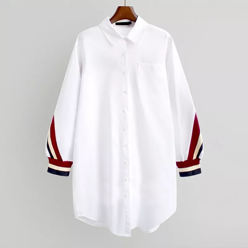 

OUMENGKA 2022 White Loose Button Up Stripe Bandage Shirts Women Blouses Turn-Down Collar Woven Long Sleeve Ladies Tops