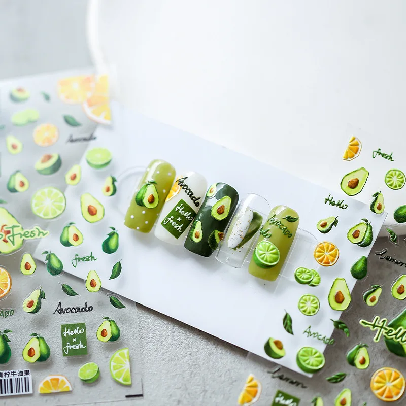 3D Green Lemon Avocado Fruit Nail Stickers Charms Summer Fruity Decal Slider for Art Manicuring Decoration |