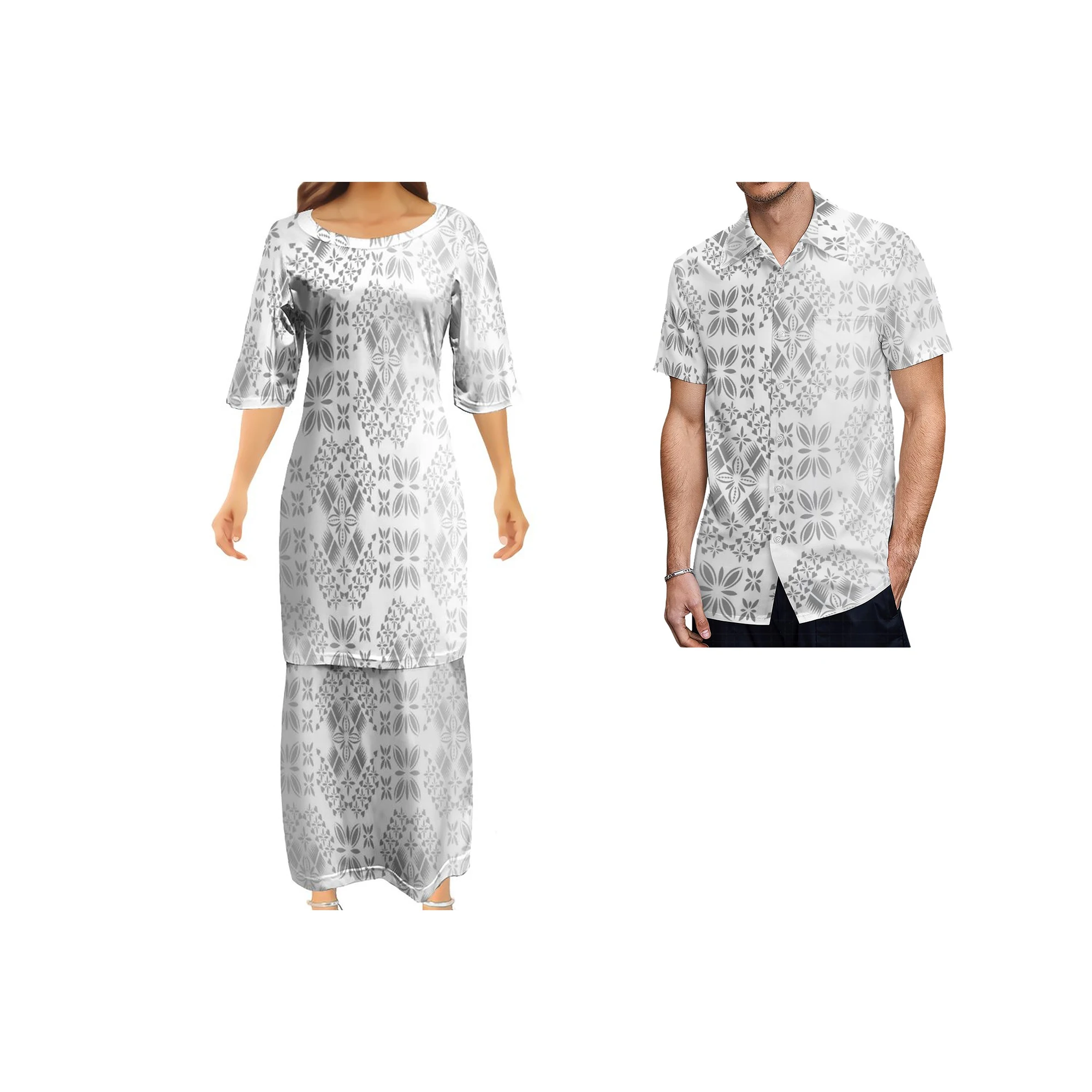 

High Quality Custom Polynesian Tribal Tapa Patterns Samoan Puletasi Dress Mens Shirts Couple Two Piece Sets Matching Outfits