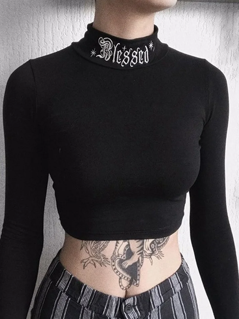 Black Dark Goth T-shirt Women Blessed Letter Embroidered Turtleneck Slim Tumblr Clothes Y2K E-girl Punk Street Bottom Top Tees