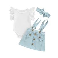 newborn girl three piece outfits flying sleeve solid color o neck romper suspender buttons shorts decorative hairband