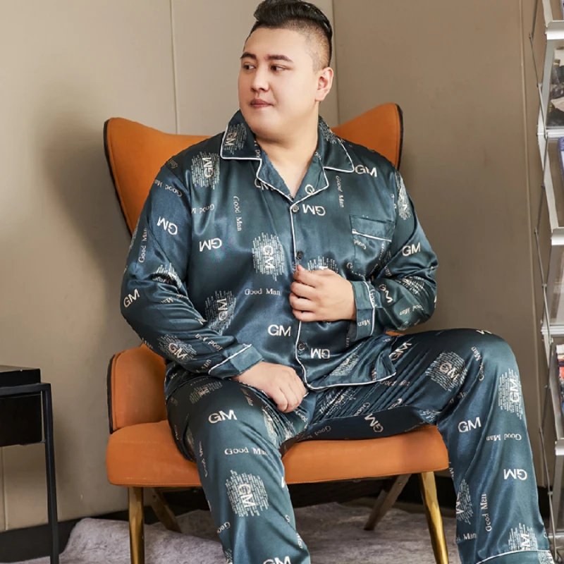Large Size 5XL Men's Luxury Satin Pajamas Set Autumn Sleepwear 2 Pieces Pijima Pants Suit Soft Silk Loungewear Home Clothes 2022