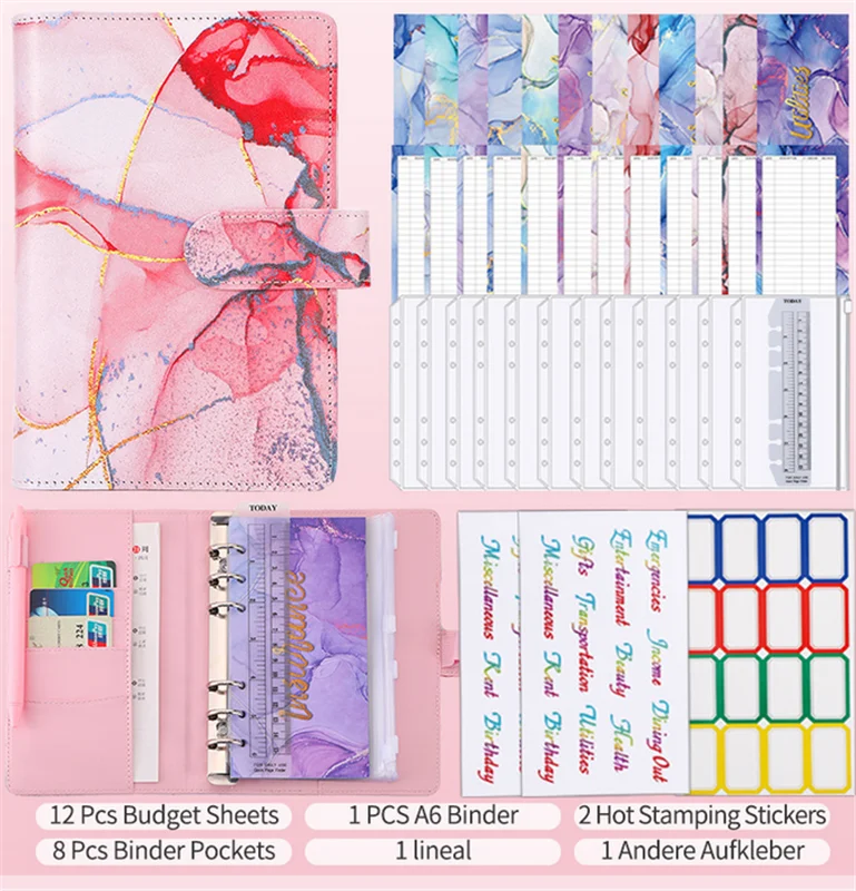 

A6 Marble Colorful Money Budget Planner Binder Zipper EnvelopesCash Envelopes for Budgeting Money Organizer for Budget Binde