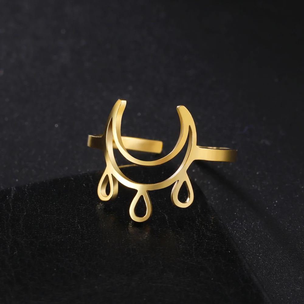 

COOLTIME Crescent Moon Raindrop Adjustable Women Rings Stainless Steel Open Finger Rings Jewlery Gift 2023 New In