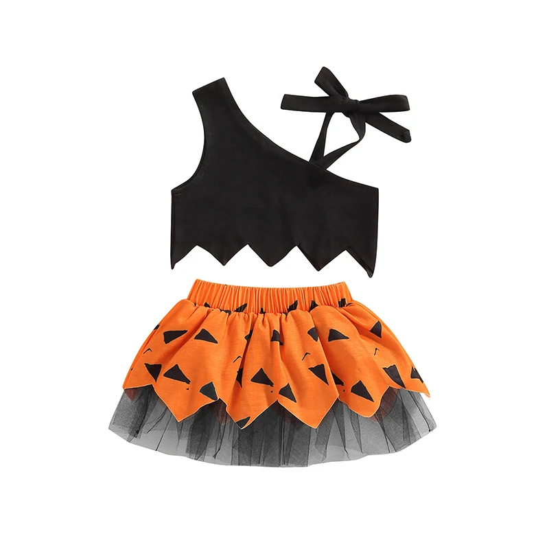 

1-3T Halloween Toddler Girl Outfit Suit Baby Tie-Up Shoulder Crop Tops Patchwork Elastic Mesh Skirt Set Festival Party Costumes