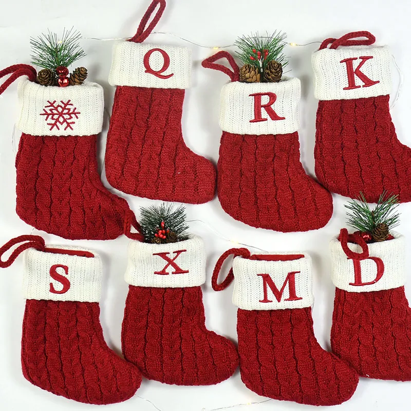

Рождественские носки, снежинки, буквы алфавита, рождественские красные вязаные чулки, подвески для рождественской елки, украшения для дома, рождественский подарок 2023