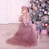 luxury feather toddler flower girl dresses bow backless tulle birthday costumes wedding modeling gown wholesale drop shipping